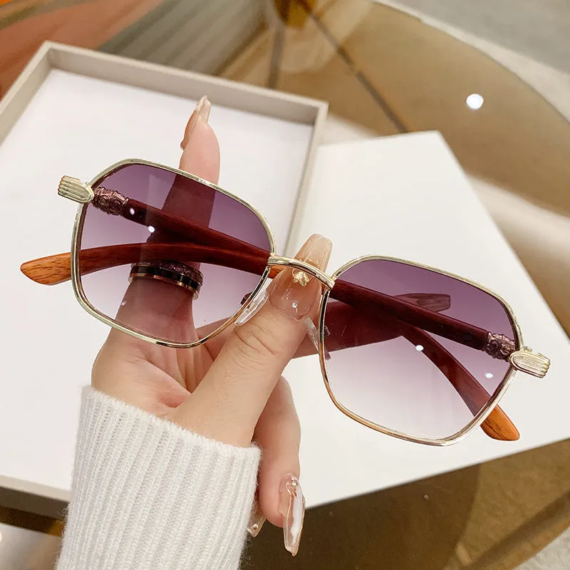Gold frame frameless glasses with wood grain pattern and double blue lenses