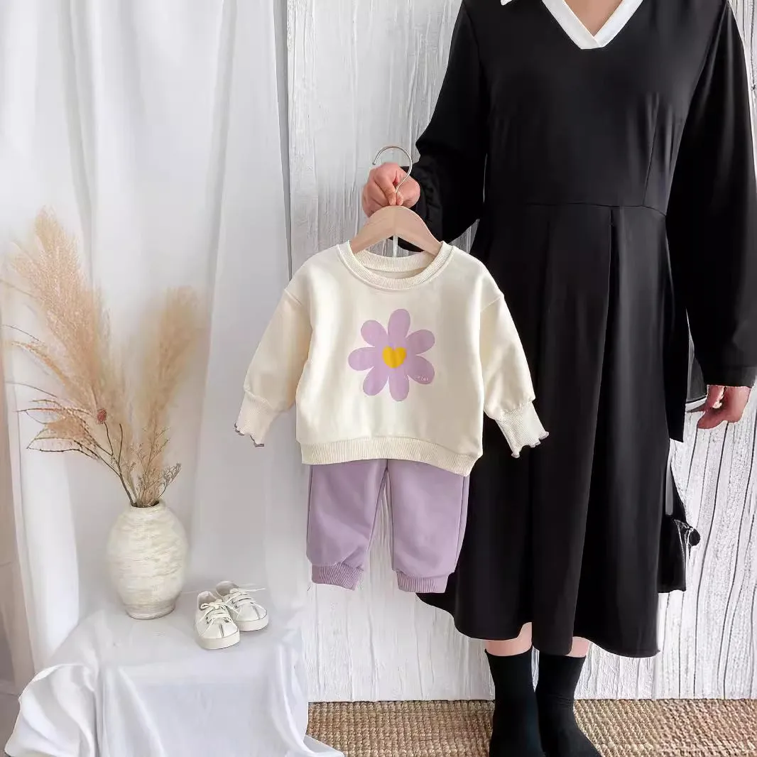 infant two-piece set cute flower sweatshirt and sweatpants baby girl suit purple cotton