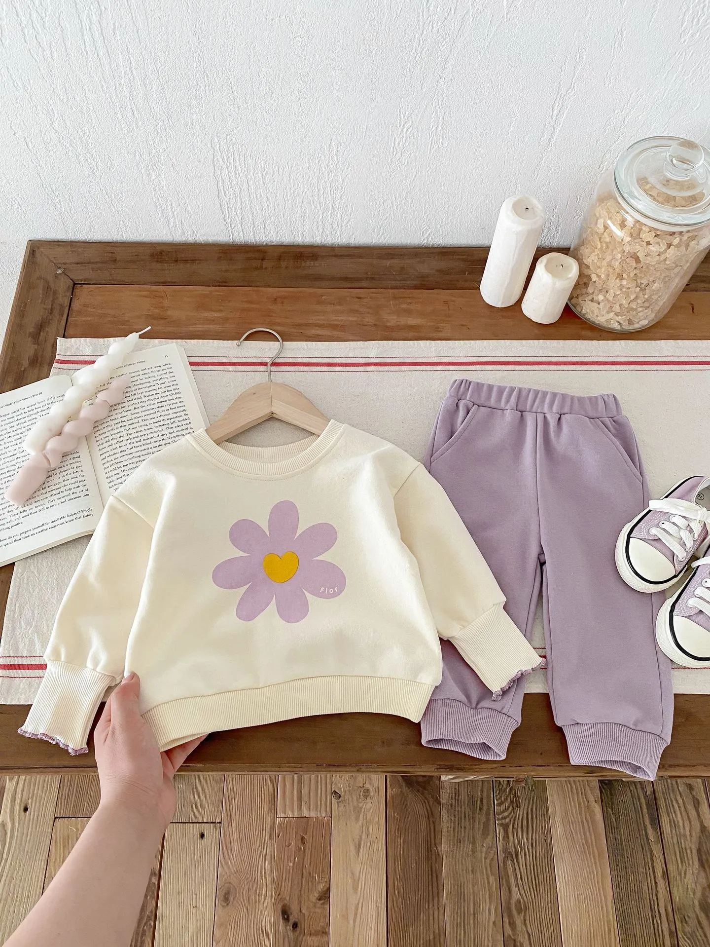 infant two-piece set cute flower sweatshirt and sweatpants baby girl suit purple cotton