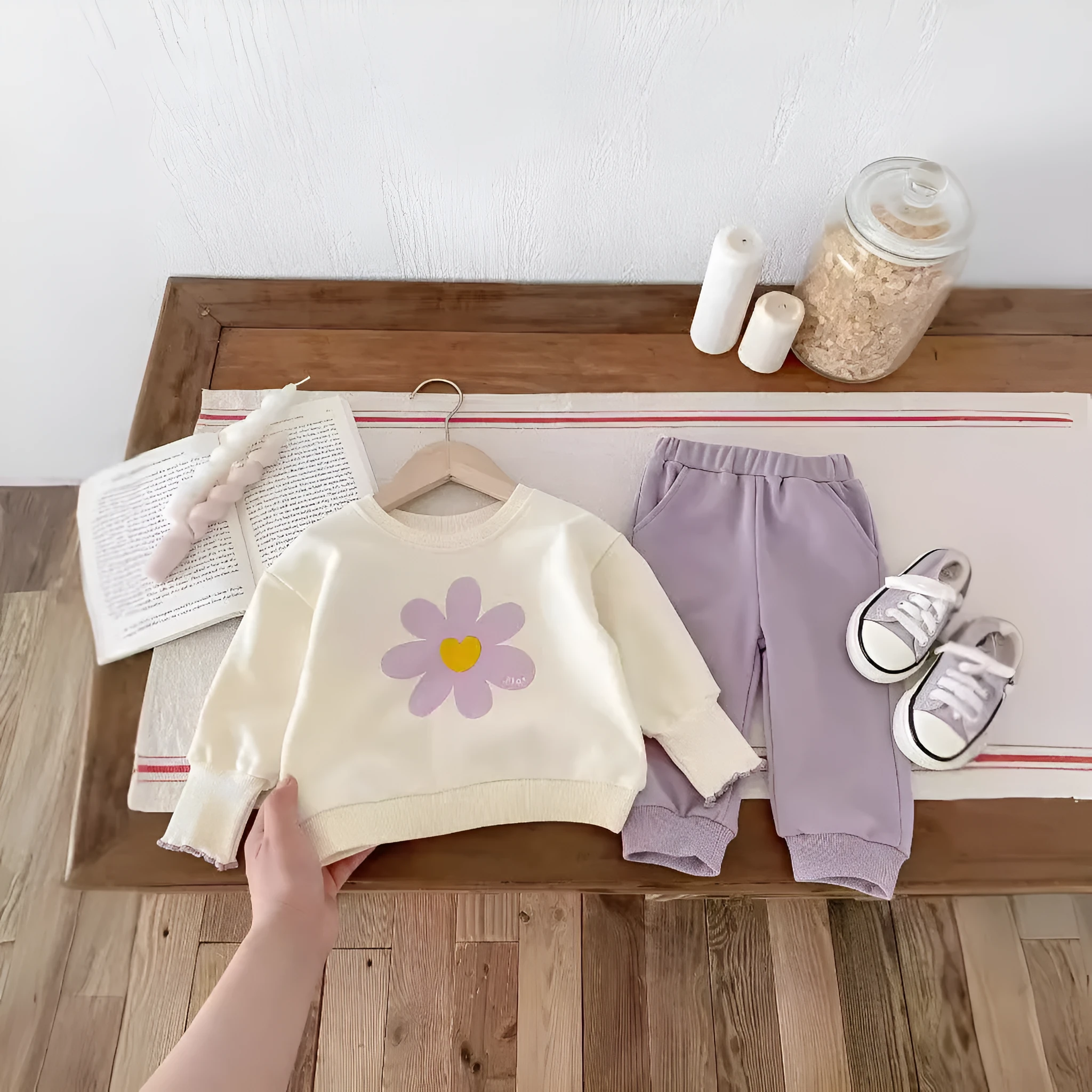 infant two-piece set cute flower sweatshirt and sweatpants baby girl suit purple cotton