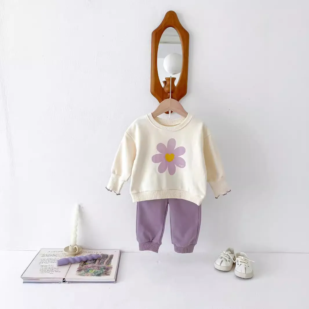 infant two-piece set cute flower sweatshirt and sweatpants baby girl suit purple cotton