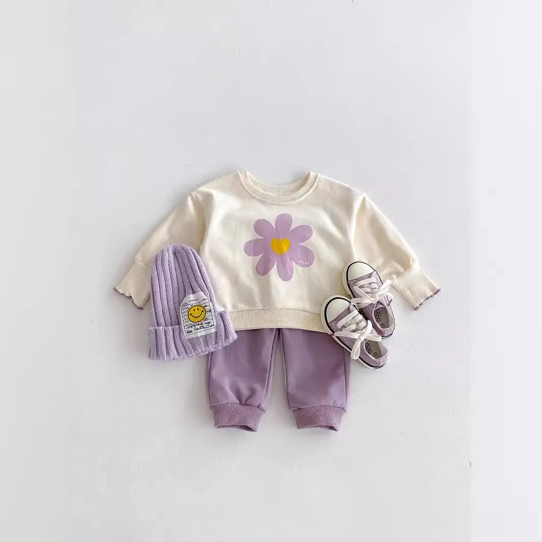 infant two-piece set cute flower sweatshirt and sweatpants baby girl suit purple cotton