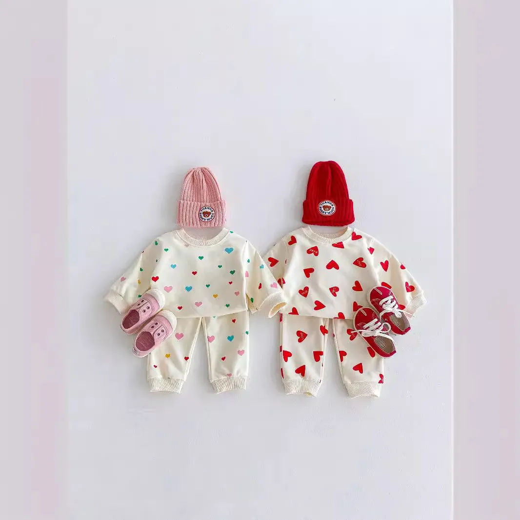 Baby cotton two-piece suit with coloured loving heart pattern in pullover style for 73-110cm