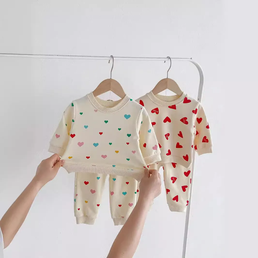Baby cotton two-piece suit with coloured loving heart pattern in pullover style for 73-110cm