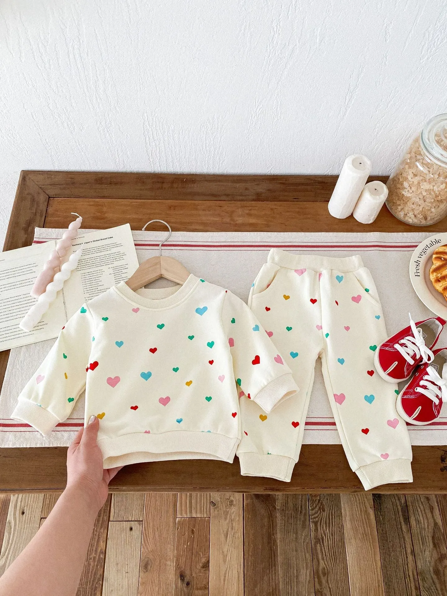 Baby cotton two-piece suit with coloured loving heart pattern in pullover style for 73-110cm