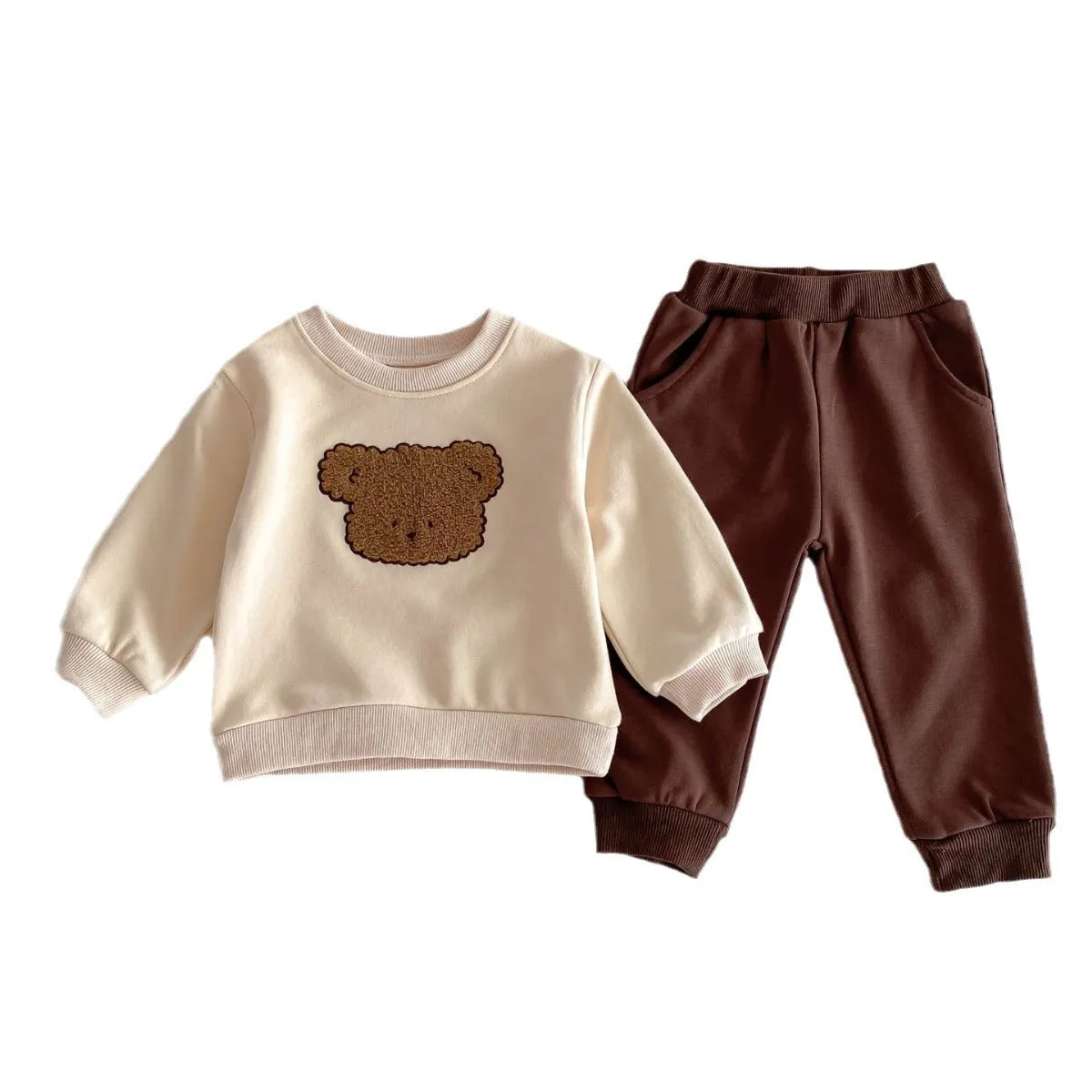 Bear long-sleeved cotton two-piece suit for babies in light beige with cartoon animal print