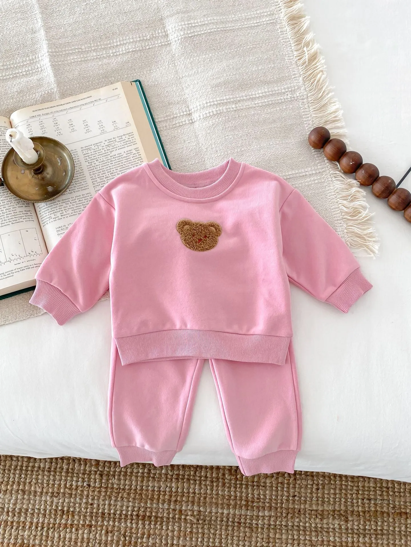 Long sleeve bear pullover sweater suit set in light beige for children 73-110cm cotton cartoon pattern