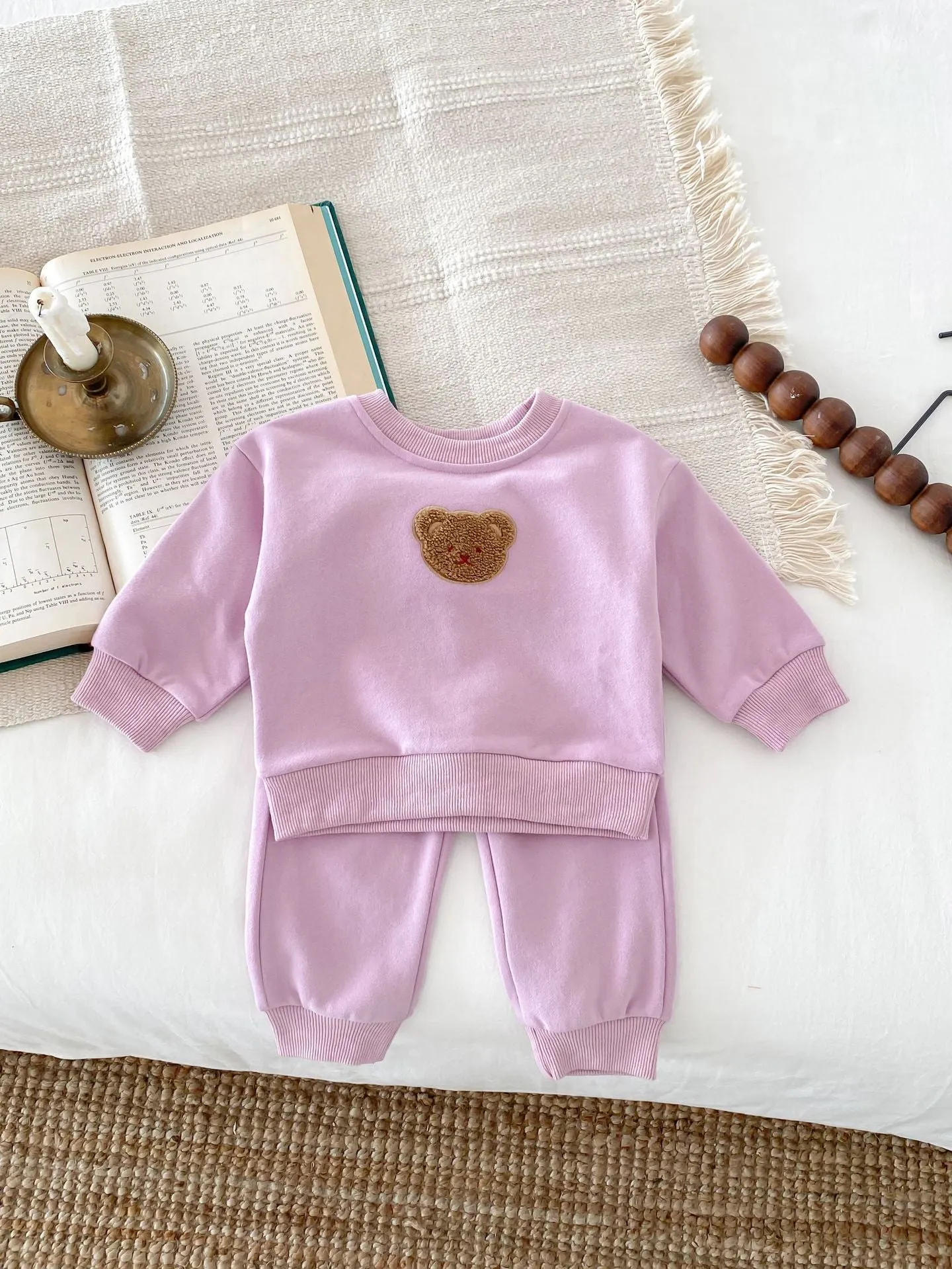 Long sleeve bear pullover sweater suit set in light beige for children 73-110cm cotton cartoon pattern
