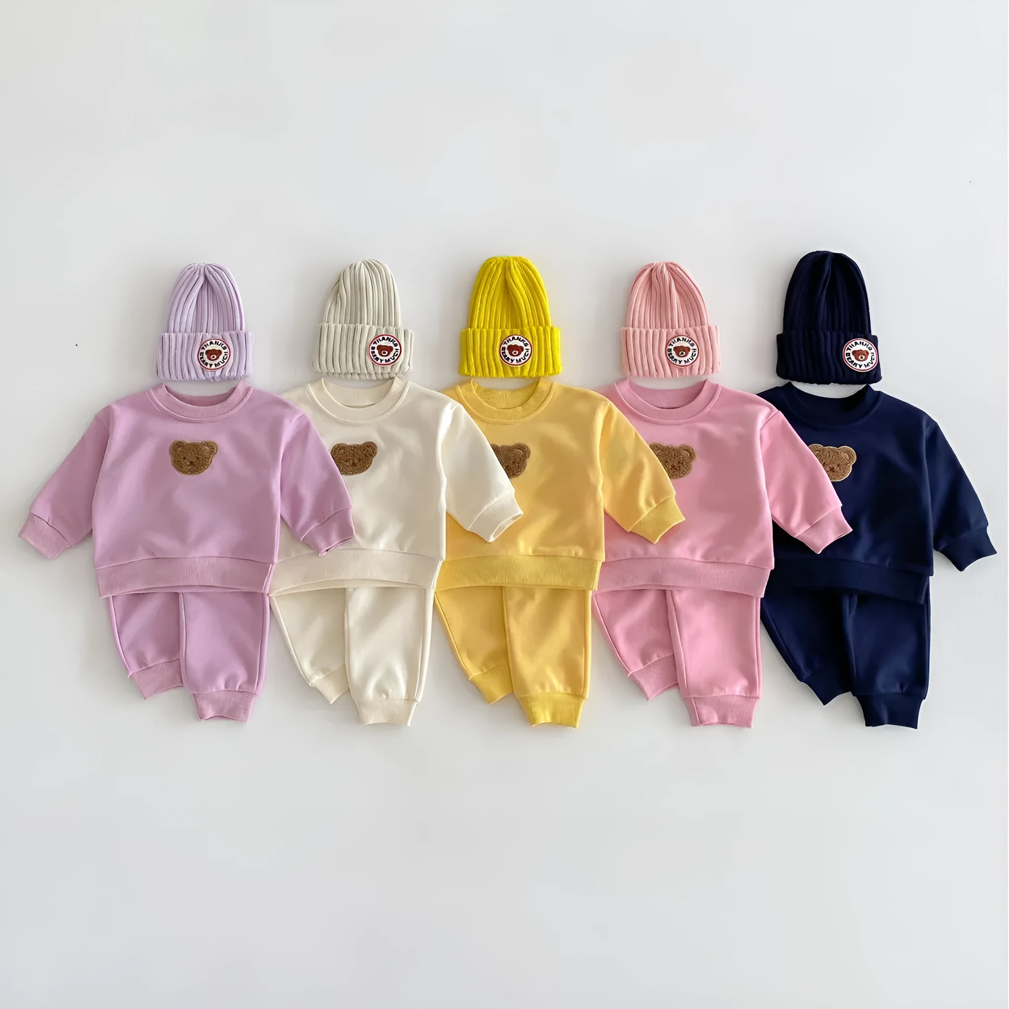 Long sleeve bear pullover sweater suit set in light beige for children 73-110cm cotton cartoon pattern