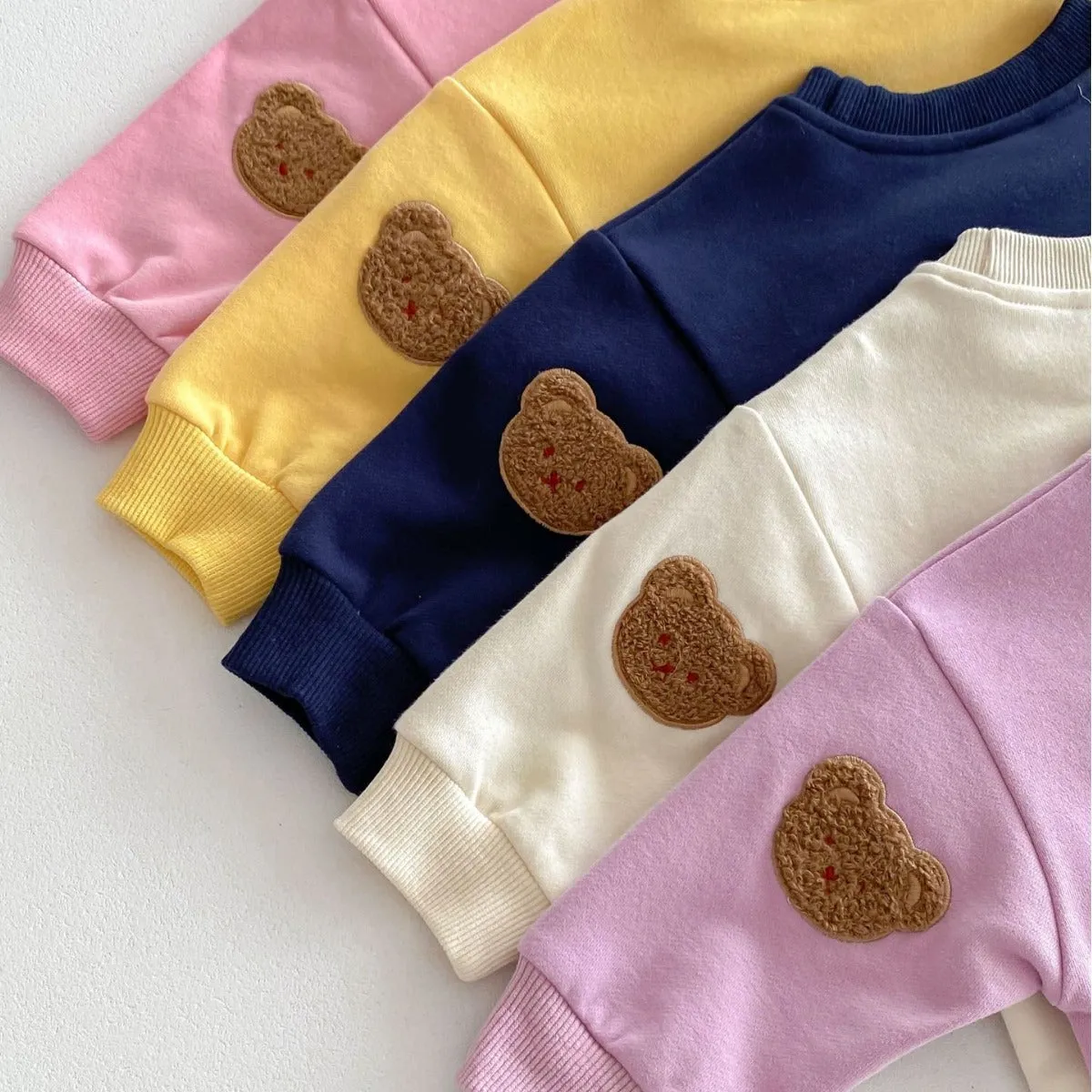 Long sleeve bear pullover sweater suit set in light beige for children 73-110cm cotton cartoon pattern