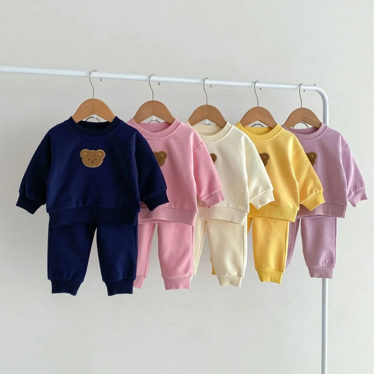 Long sleeve bear pullover sweater suit set in light beige for children 73-110cm cotton cartoon pattern