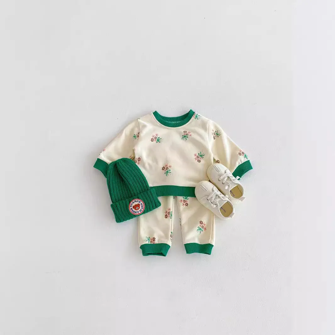 Baby western style small flower suit green cotton long sleeve shirt and pants set pullover