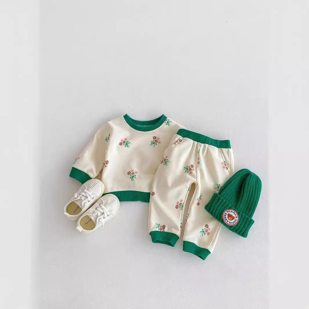 Baby western style small flower suit green cotton long sleeve shirt and pants set pullover