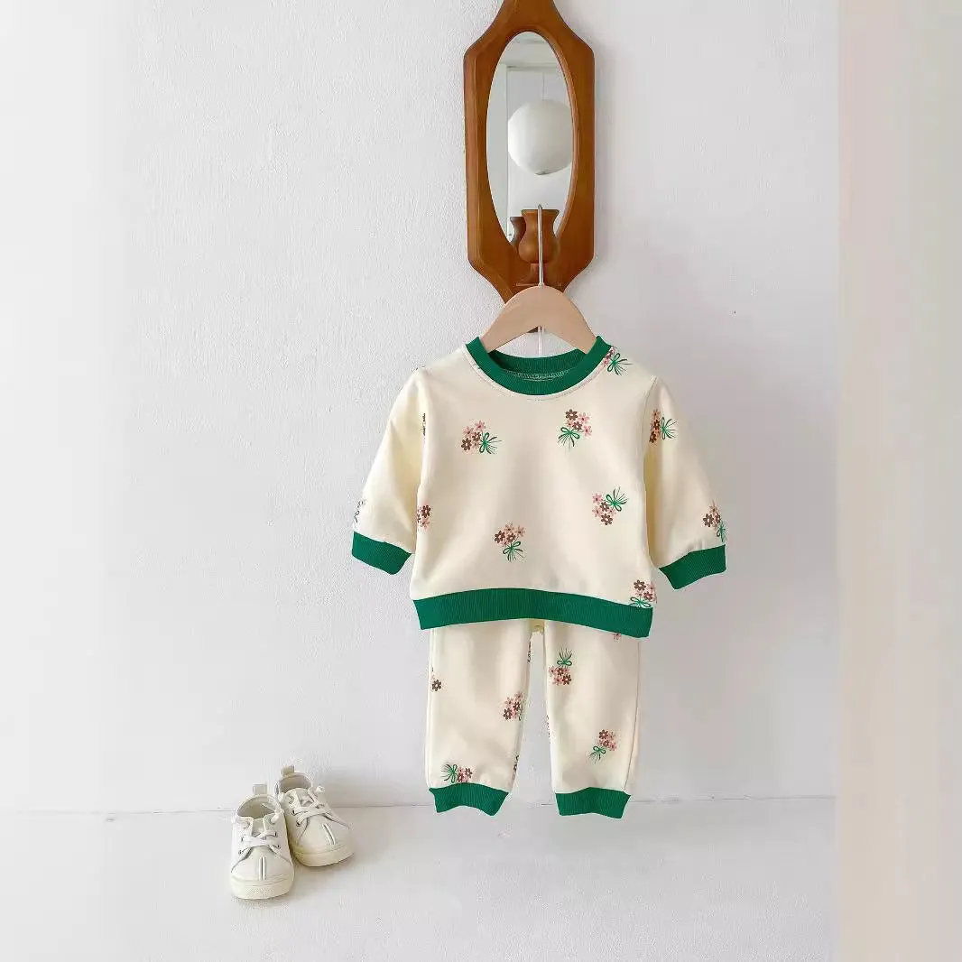 Baby western style small flower suit green cotton long sleeve shirt and pants set pullover
