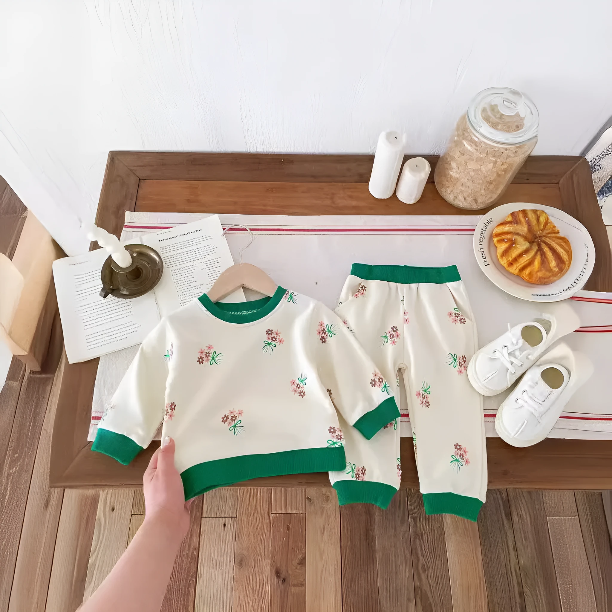 Baby western style small flower suit green cotton long sleeve shirt and pants set pullover