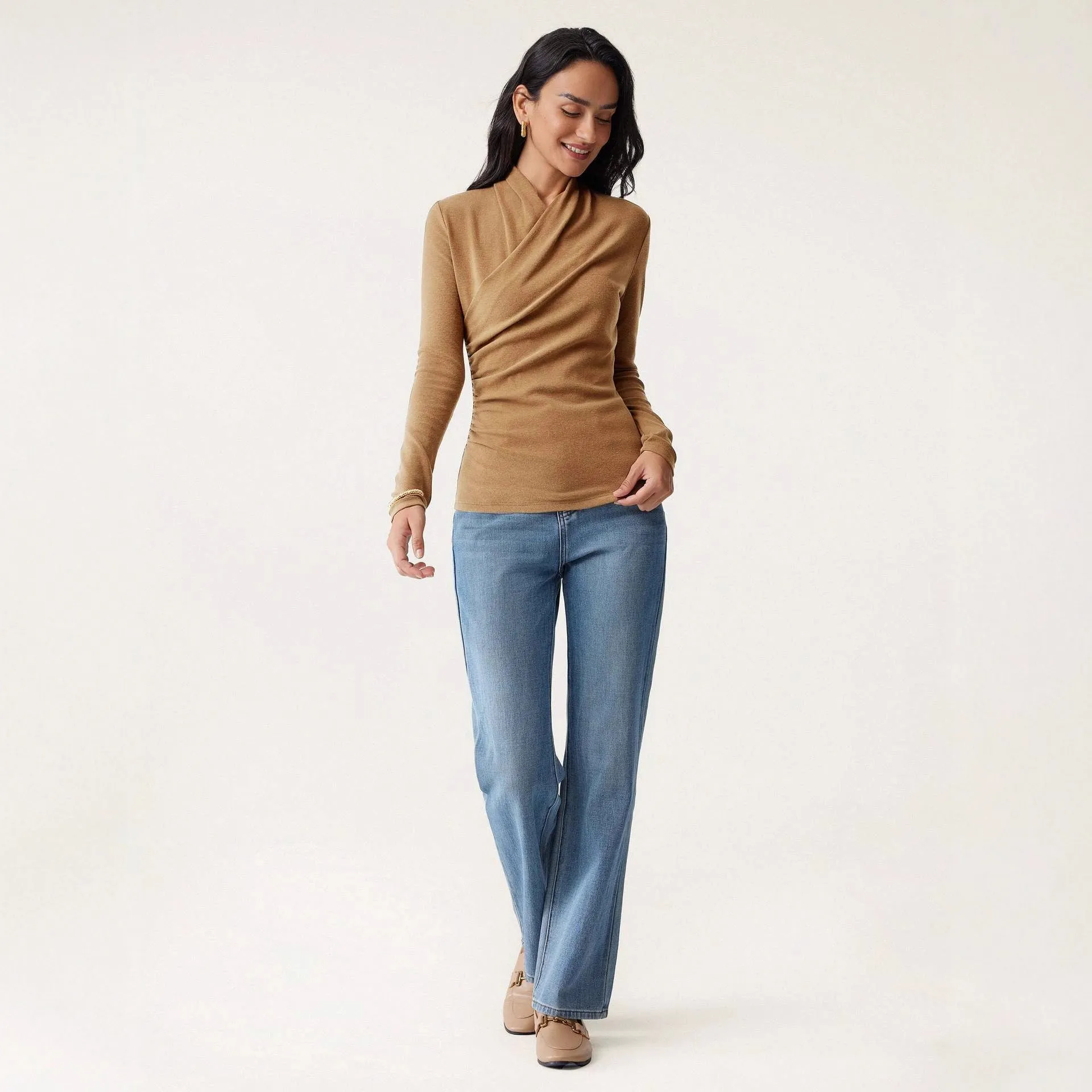 Camel coloured women's slim fit pullover sweater with long sleeves