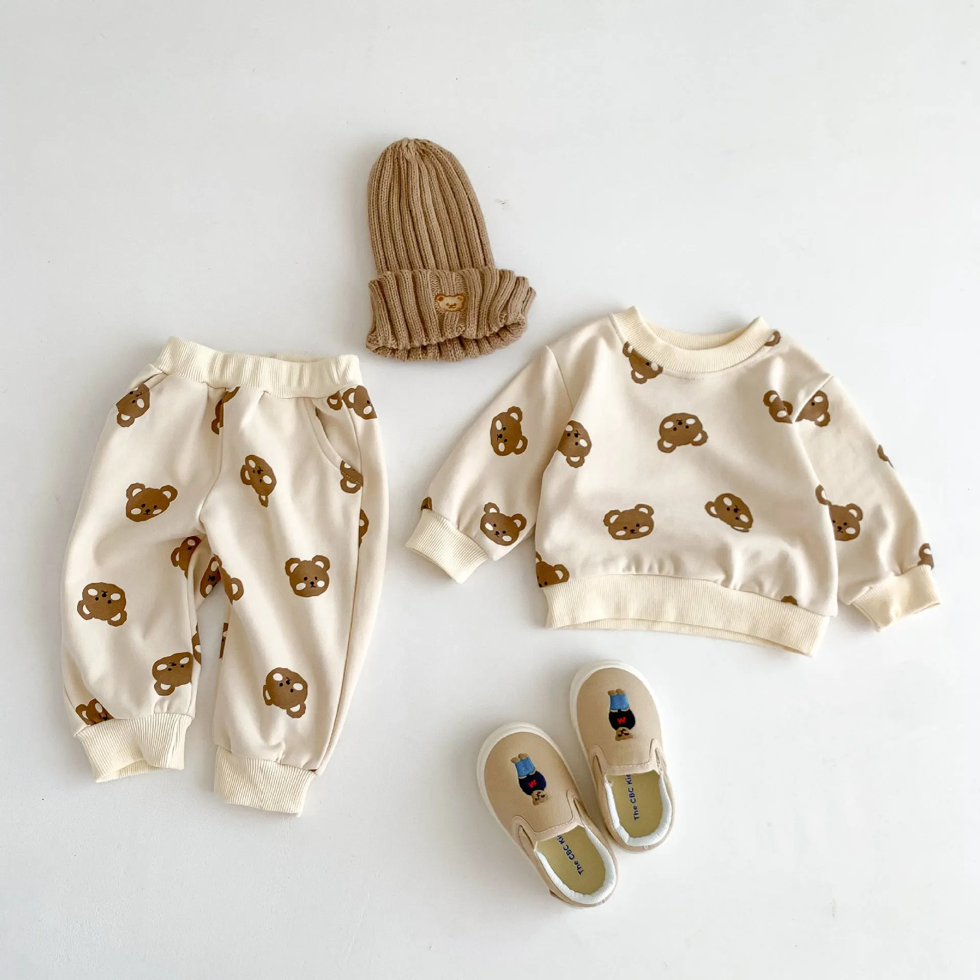 Baby cotton round neck bear cartoon sweater suit in rice apricot with matching trousers