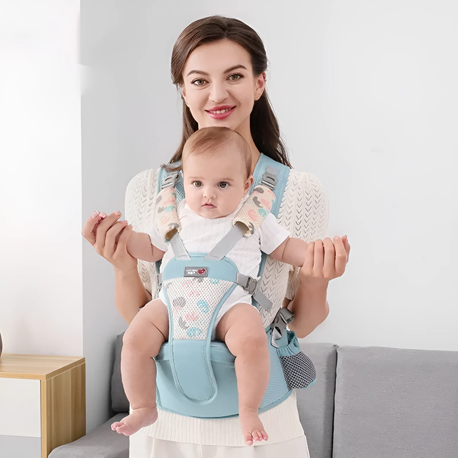 Baby waist stool carrier strap in breathable fabric for front and back carrying, pink colour option