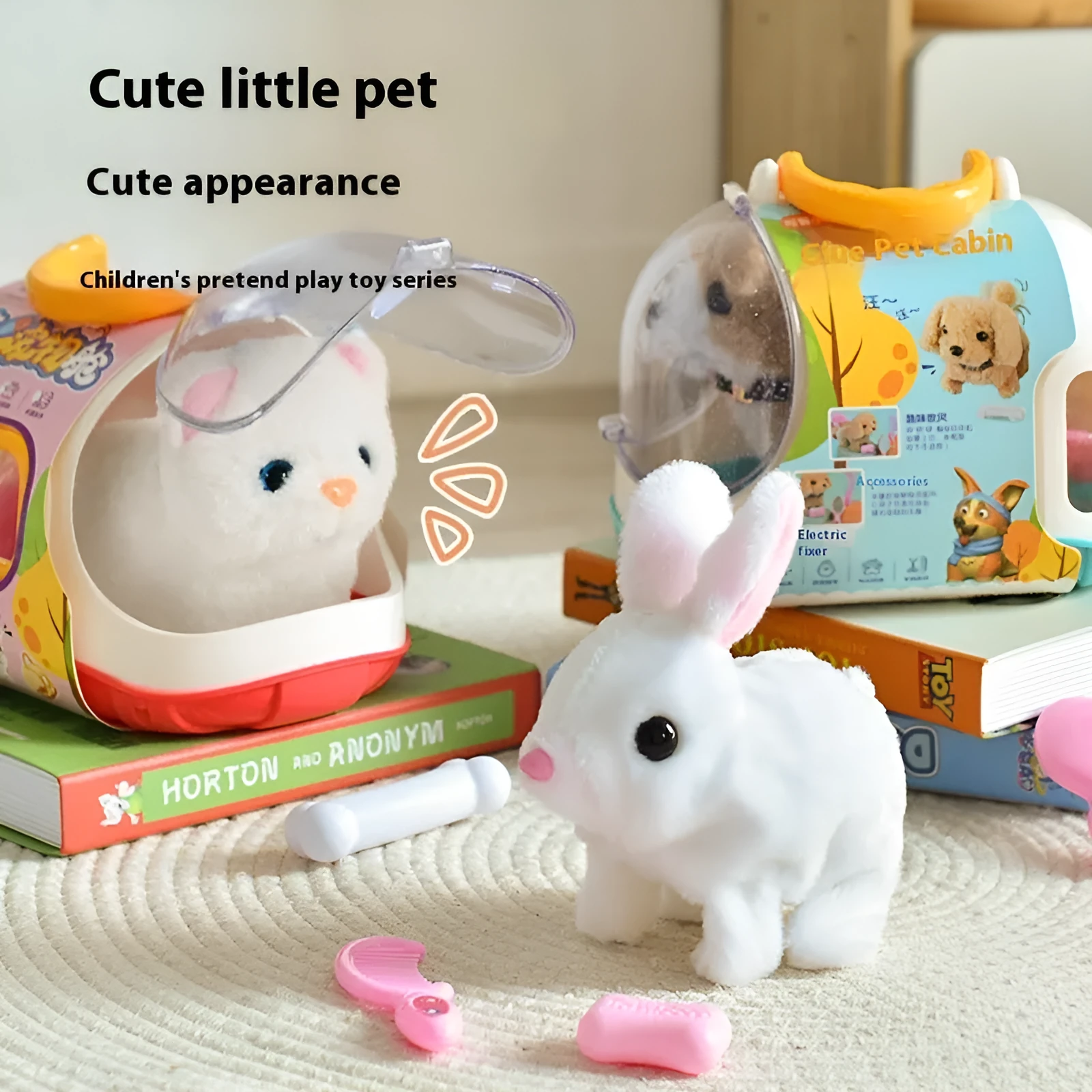 Children's electric plush toy set with animal figures in themed cage, includes Bichon Frise, Corgi, and Red Rabbit options