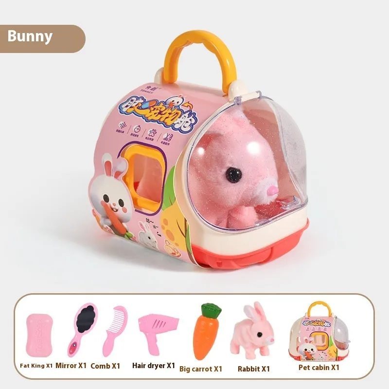 Children's electric plush toy set with animal figures in themed cage, includes Bichon Frise, Corgi, and Red Rabbit options