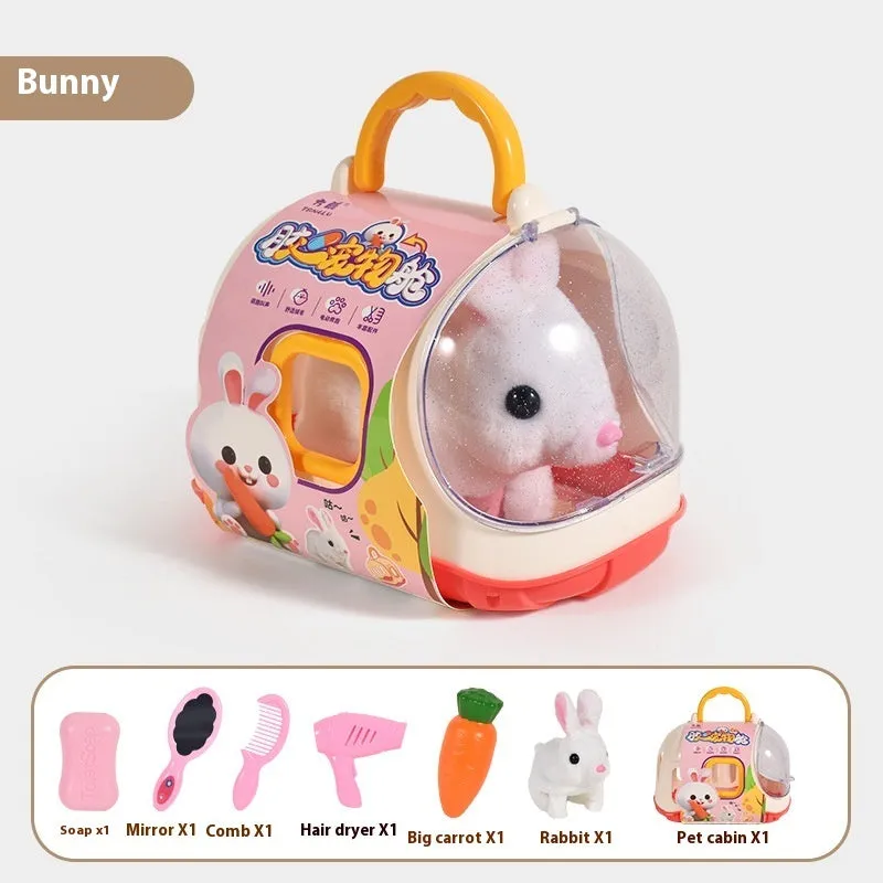 Children's electric plush toy set with animal figures in themed cage, includes Bichon Frise, Corgi, and Red Rabbit options