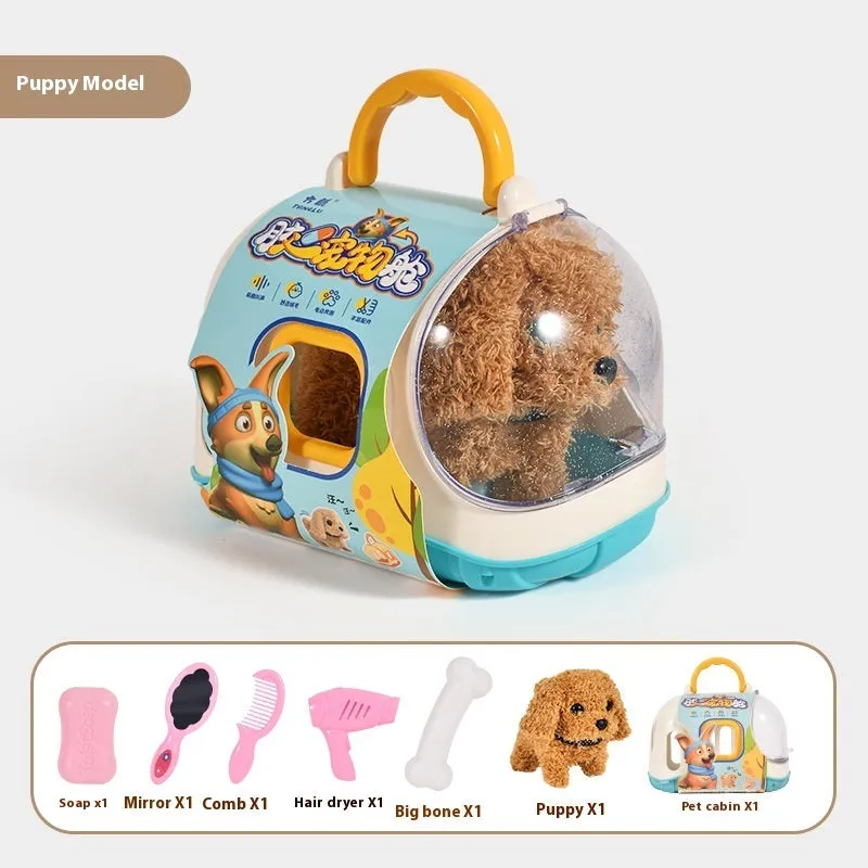 Children's electric plush toy set with animal figures in themed cage, includes Bichon Frise, Corgi, and Red Rabbit options