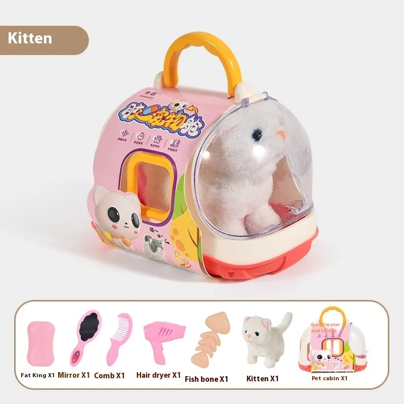 Children's electric plush toy set with animal figures in themed cage, includes Bichon Frise, Corgi, and Red Rabbit options