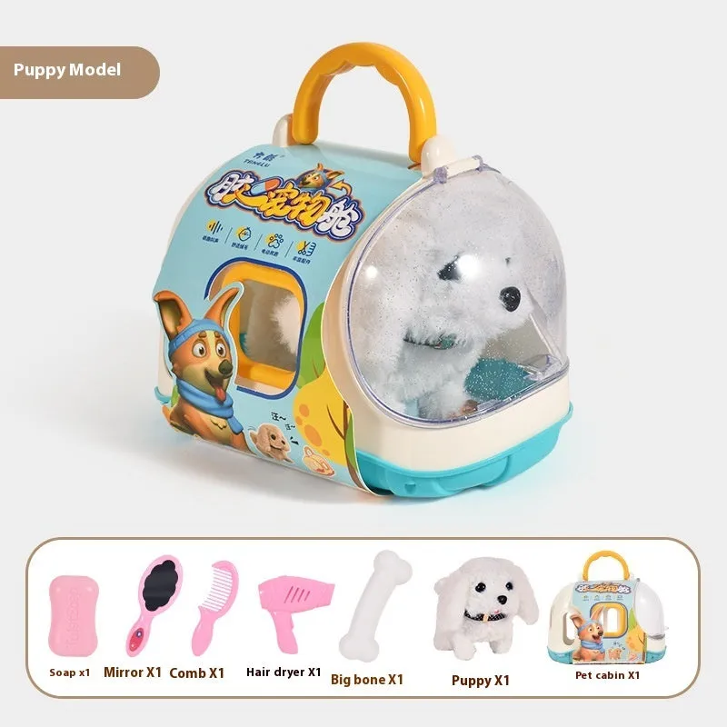 Children's electric plush toy set with animal figures in themed cage, includes Bichon Frise, Corgi, and Red Rabbit options