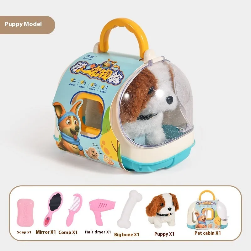 Children's electric plush toy set with animal figures in themed cage, includes Bichon Frise, Corgi, and Red Rabbit options