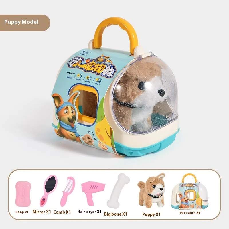 Children's electric plush toy set with animal figures in themed cage, includes Bichon Frise, Corgi, and Red Rabbit options
