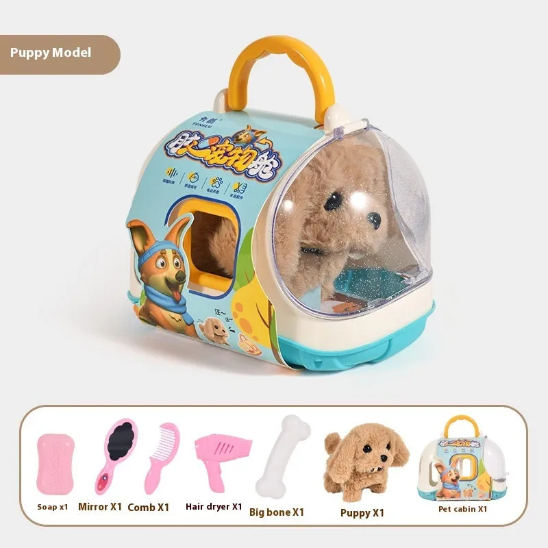Children's electric plush toy set with animal figures in themed cage, includes Bichon Frise, Corgi, and Red Rabbit options