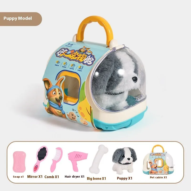 Children's electric plush toy set with animal figures in themed cage, includes Bichon Frise, Corgi, and Red Rabbit options
