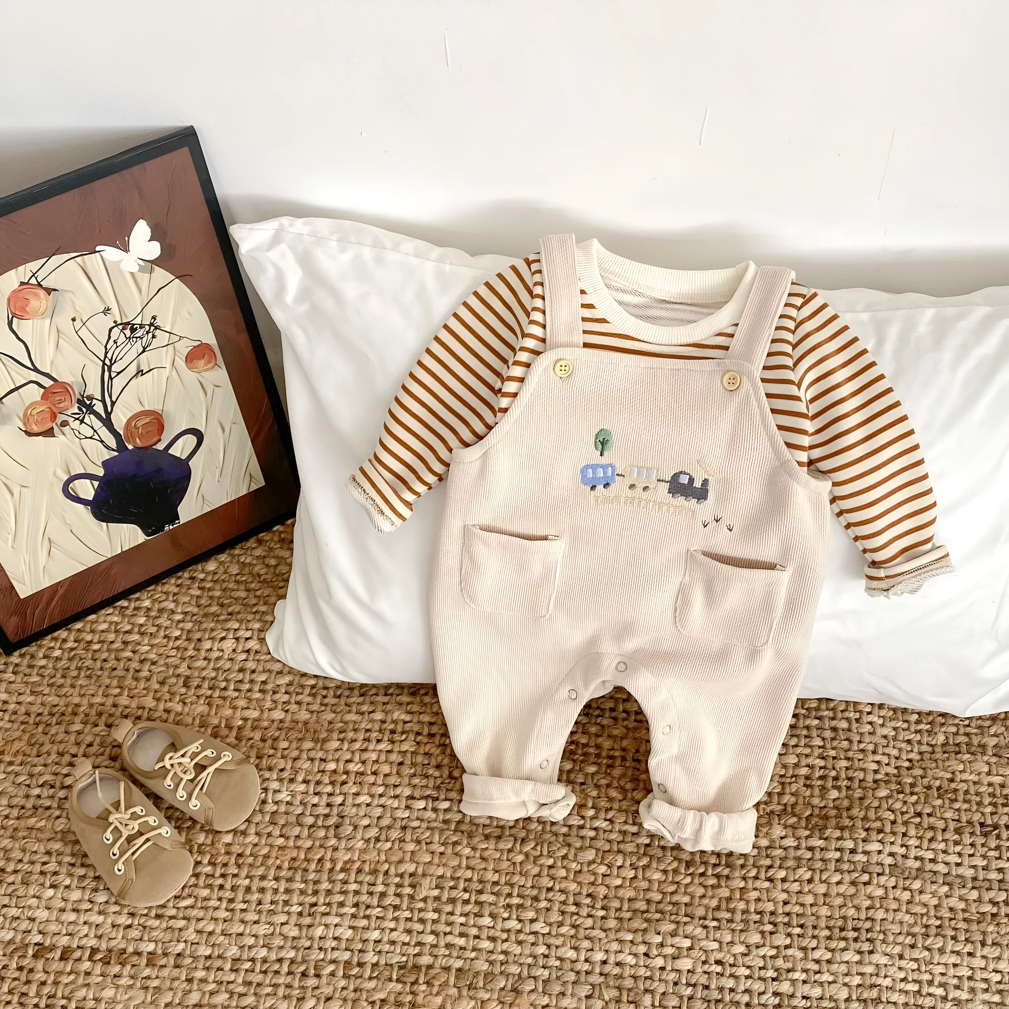 Striped cotton baby bib pants and top set with car embroidery in neutral colours, long sleeve pullover style