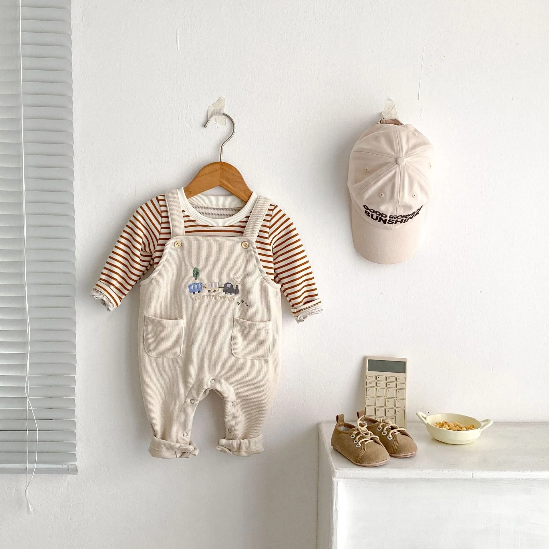 Striped cotton baby bib pants and top set with car embroidery in neutral colours, long sleeve pullover style