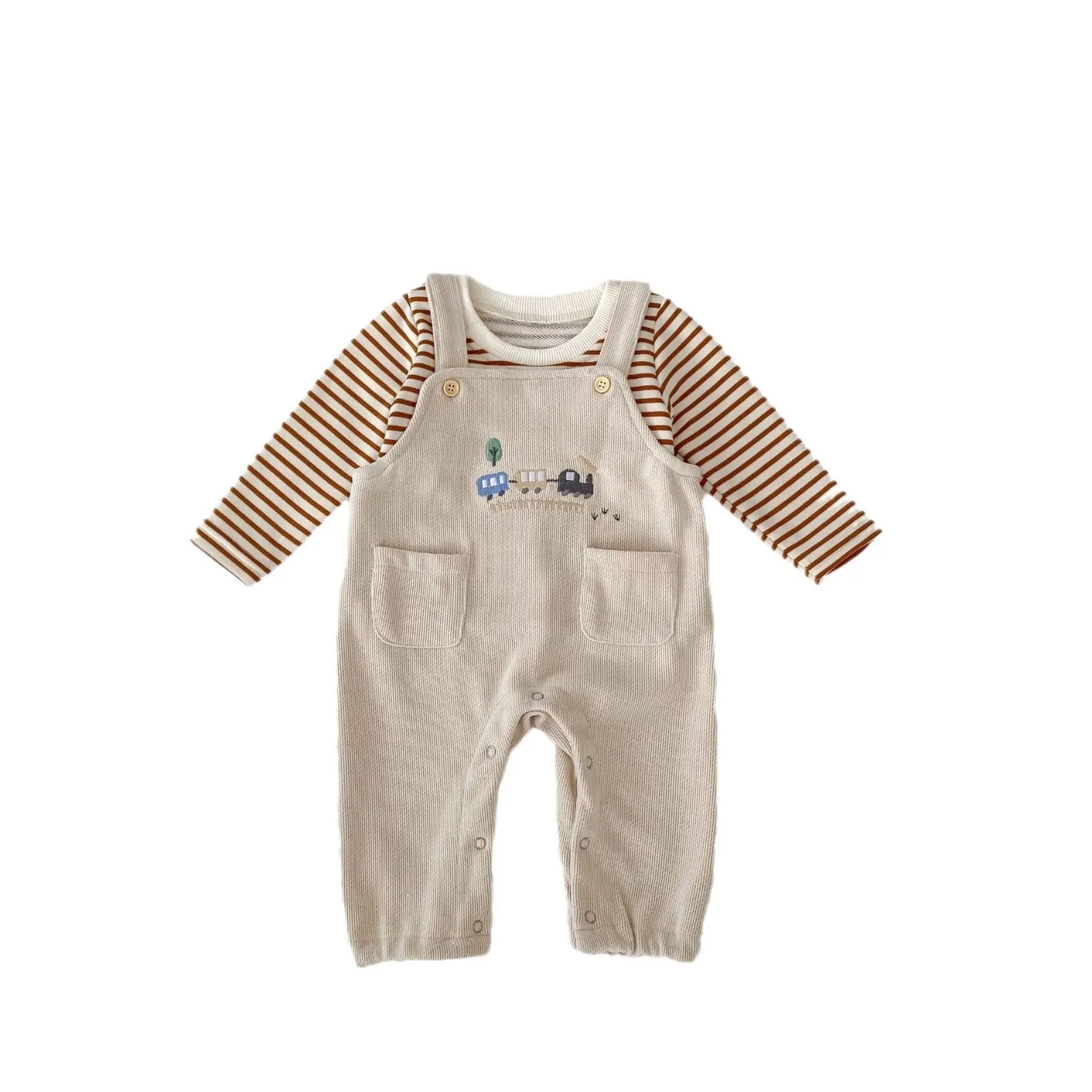 Striped cotton baby bib pants and top set with car embroidery in neutral colours, long sleeve pullover style