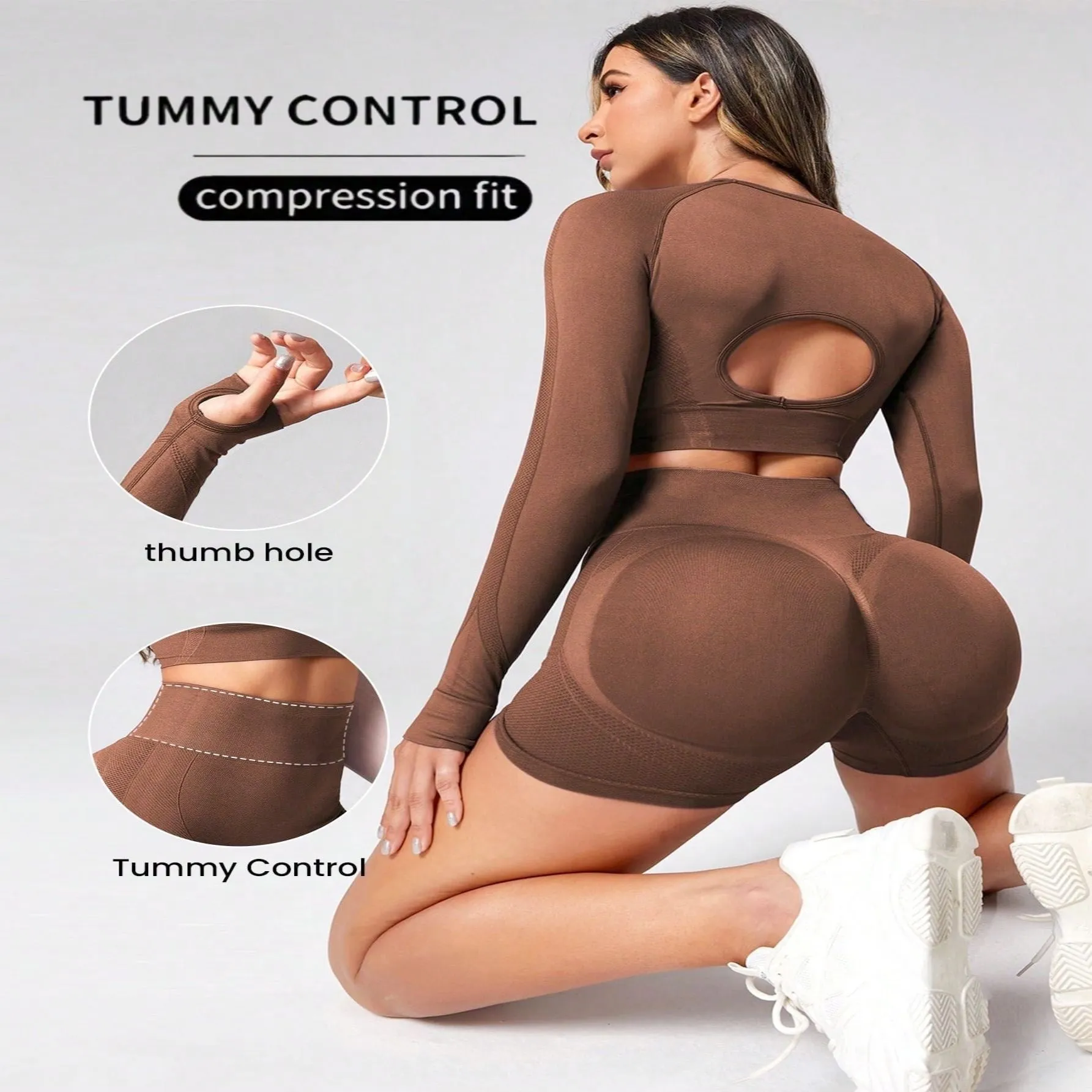 Women's high waist yoga suit in black, brown, or purple with long sleeves and quick-dry fabric