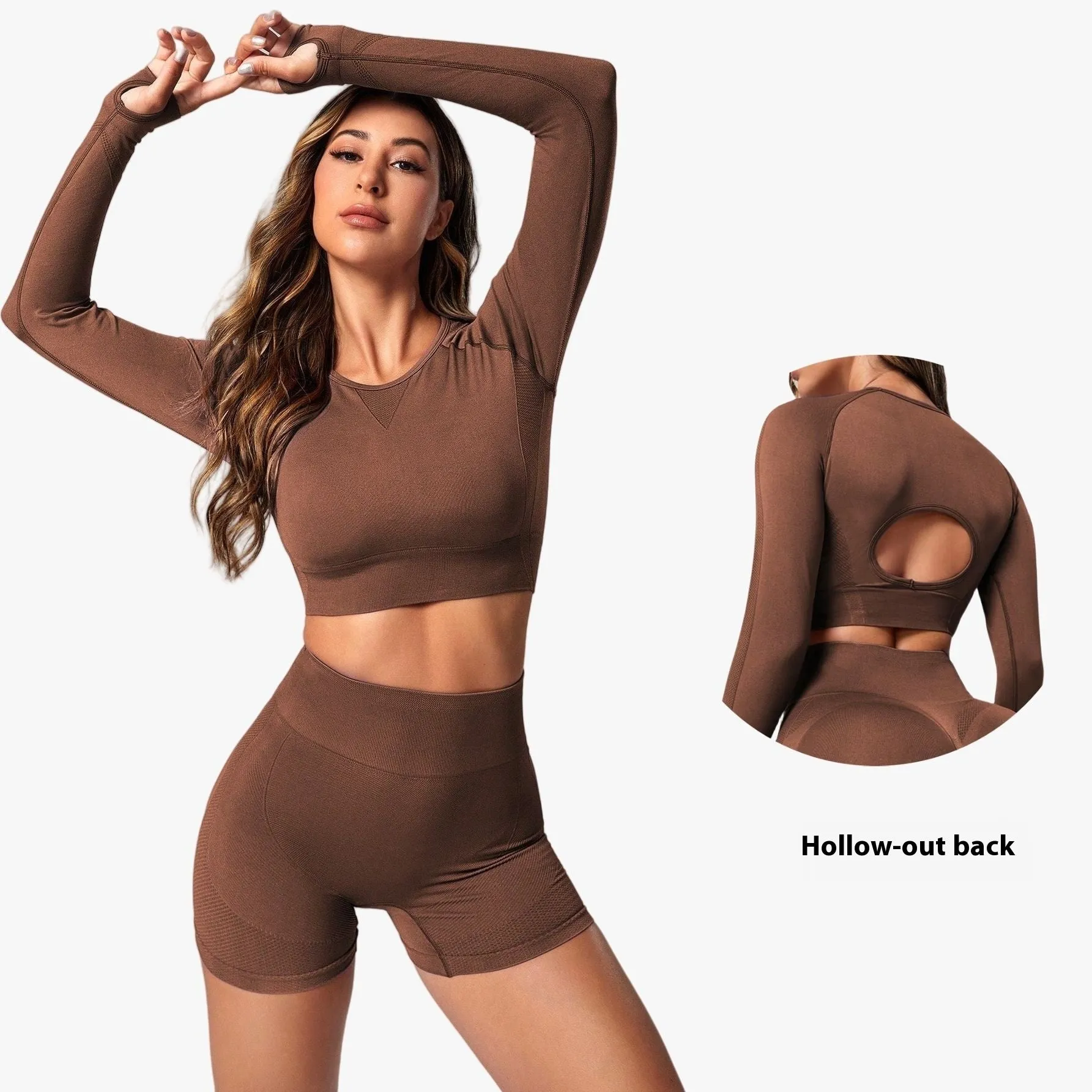 Women's high waist yoga suit in black, brown, or purple with long sleeves and quick-dry fabric