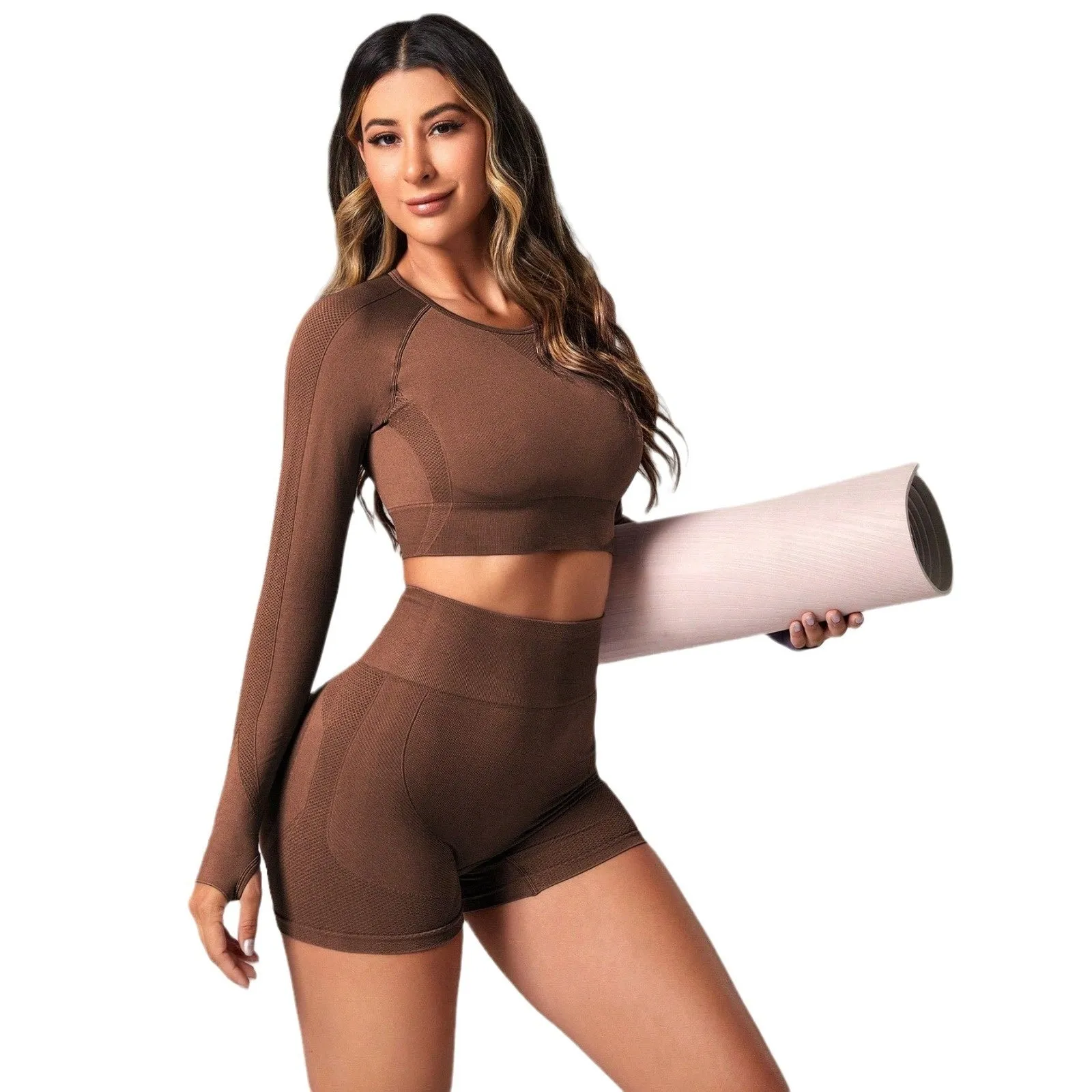 Women's high waist yoga suit in black, brown, or purple with long sleeves and quick-dry fabric