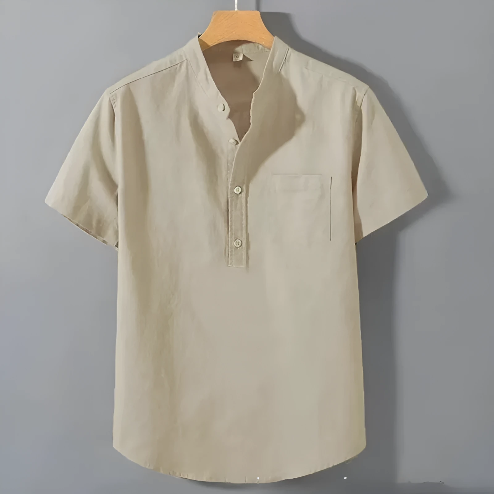 Men's beige casual linen shirt with stand collar and short sleeves in a loose, relaxed fit.