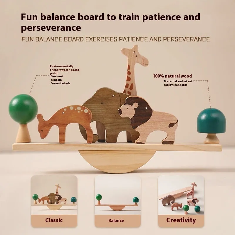 Children's solid wood forest balance seesaw toy set with coloured building blocks and threading animal figures