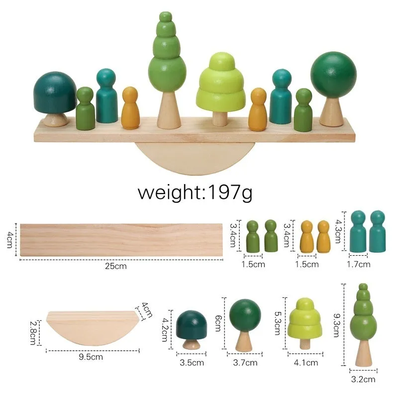 Children's solid wood forest balance seesaw toy set with coloured building blocks and threading animal figures