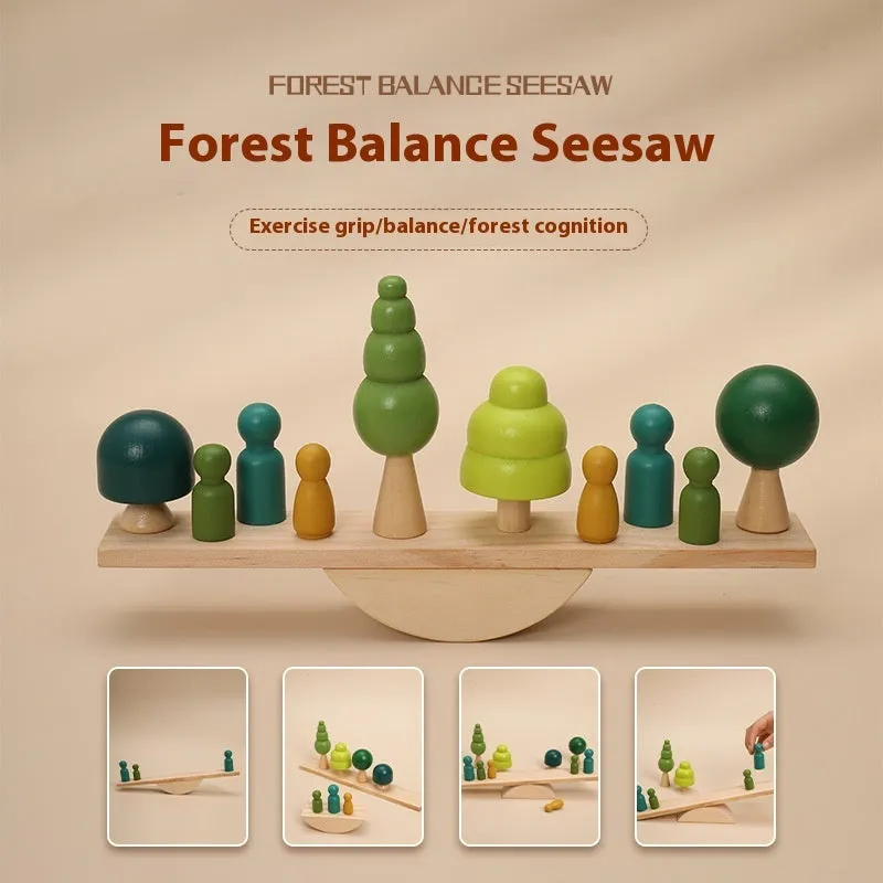 Children's solid wood forest balance seesaw toy set with coloured building blocks and threading animal figures