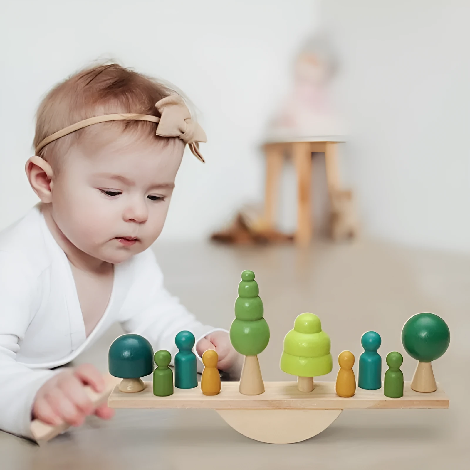 Children's solid wood forest balance seesaw toy set with coloured building blocks and threading animal figures