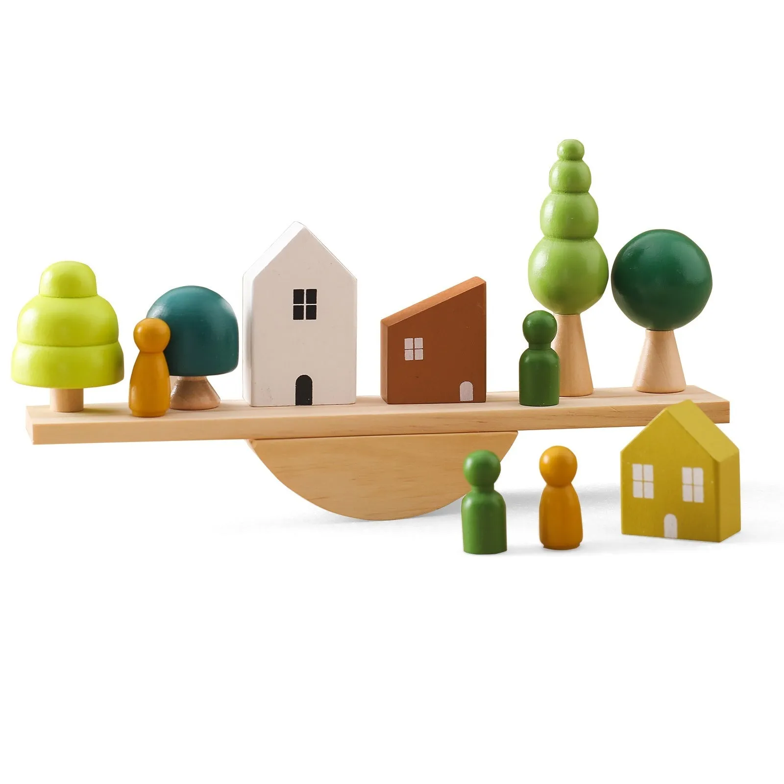 Children's solid wood forest balance seesaw toy set with coloured building blocks and threading animal figures