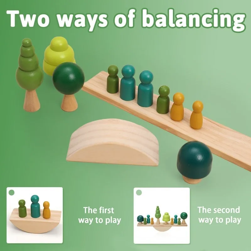 Children's solid wood forest balance seesaw toy set with coloured building blocks and threading animal figures
