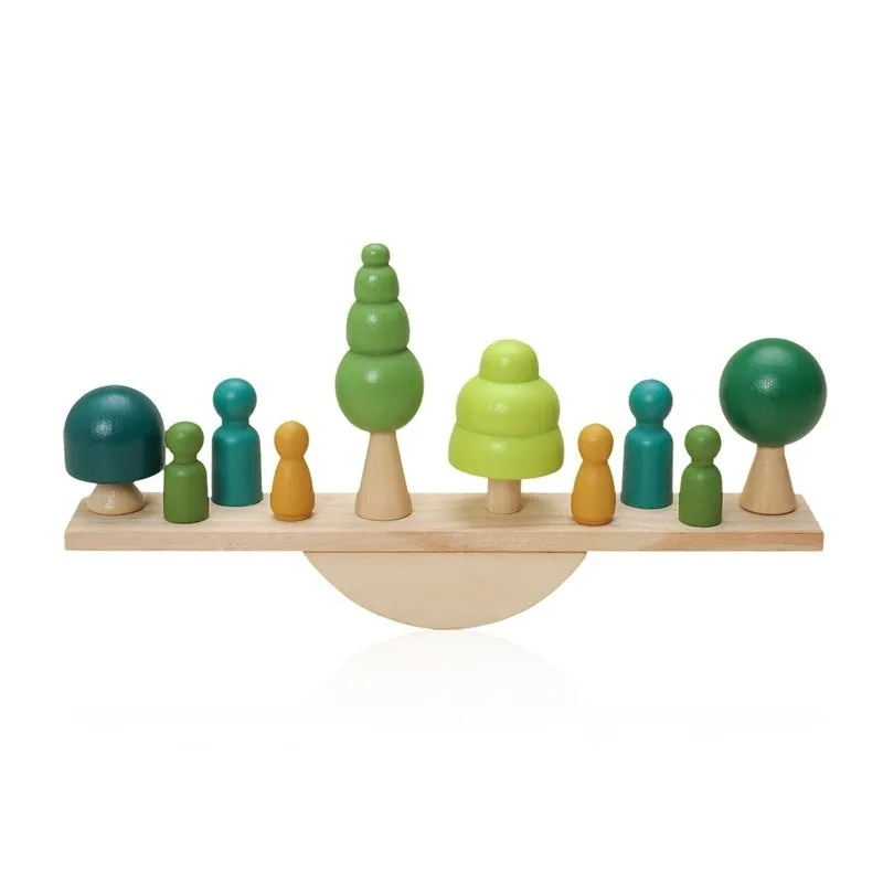 Children's solid wood forest balance seesaw toy set with coloured building blocks and threading animal figures