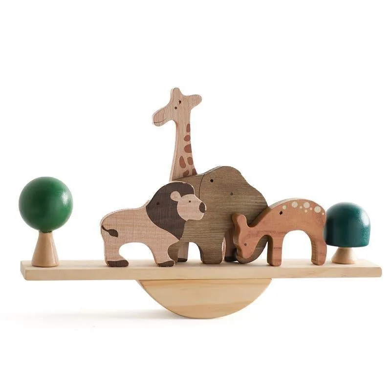 Children's solid wood forest balance seesaw toy set with coloured building blocks and threading animal figures
