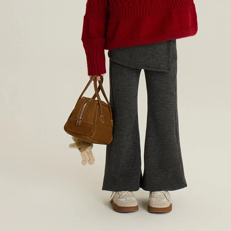 Children gray fleece-lined cotton bell-bottom trousers on child model