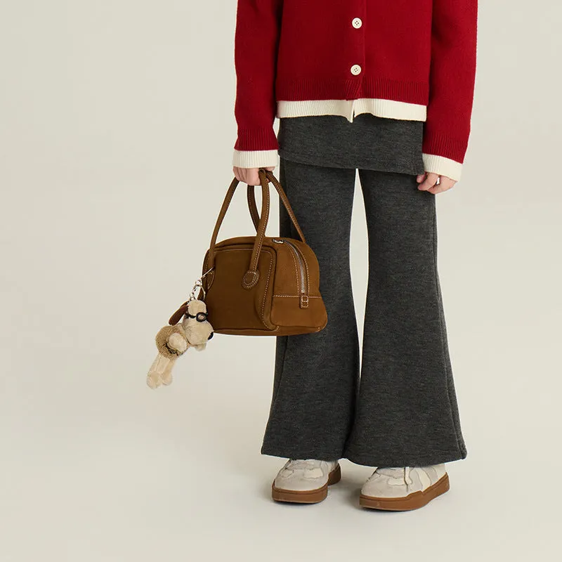 Children gray fleece-lined cotton bell-bottom trousers on child model