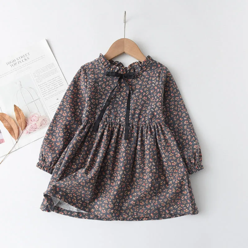 Little floral cotton girls ribbon bowknot dress in princess style with long sleeves available in multiple colours